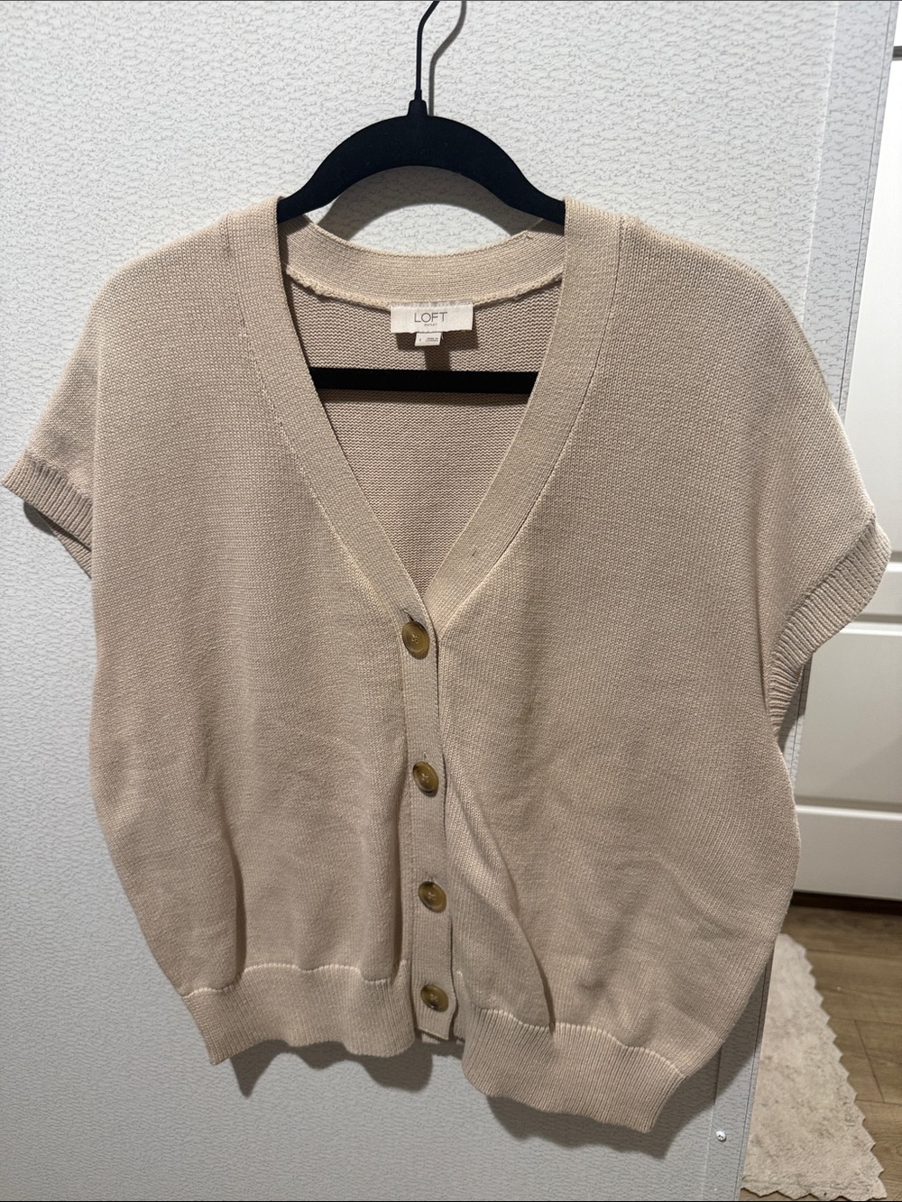 LOFT Beige Short-Sleeve V-Neck Button Cardigan